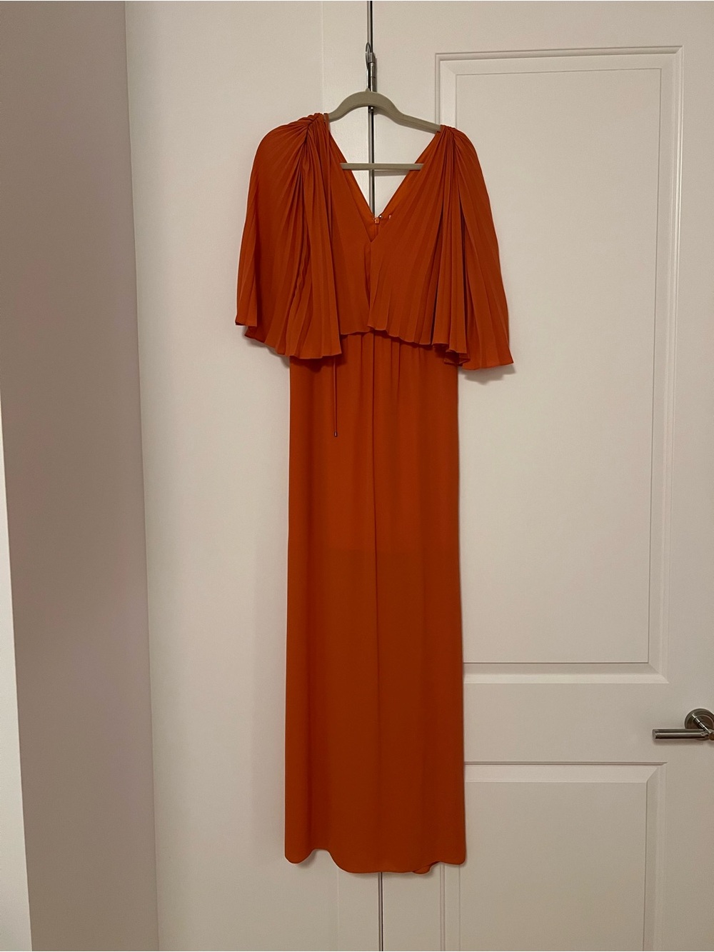 Halston Heritage Rust Orange Pleated Cape Sleeve Maxi Dress